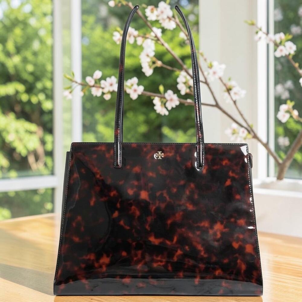 Tory Burch Emerson Tortoise Patent Leather Work Tote 165968 NWT